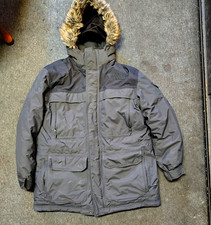 The North Face Men’s XL Gray Hooded Down Parka Coat Faux Fur Trim Zip picture