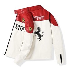 Trendy F1 Ferrari PU Leather Vintage Racing Jacket Embroidered Unisex Red/White picture
