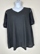 Olrik Womens Plus Size 3X Black Thermal V-neck Top Short Lace Sleeve picture