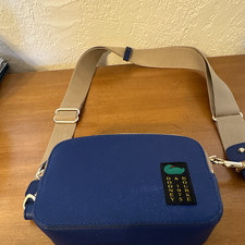 Dooney & Bourke Blue Pebbled Leather Zip Crossbody, Beige Canvas Strap, Small picture