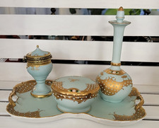 Vintage Lenwile Ardalt Japan Porcelain Vanity Set Blue Gold Moriage 4pc picture