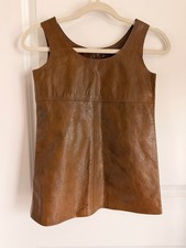 Vintage 60s 70s Brown Leather Tank Top Sleeveless Shirt Back Zip Empire Waist S picture