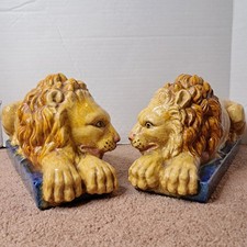 Rare Pair Of Antique Italian Earthenware Ceramic Glazed Recumbent Lions Italy picture