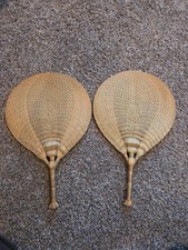 Vintage Pair Japanese Okinawa Kuba Oji Fans Woven Palm Leaf Uchiwa Wall Decor picture