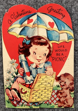 Vintage Valentine Card Greeting Boy Girl Life Would Be A  Picnic With You Basket picture