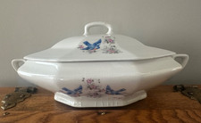 Antique Vintage Bluebird Blue Bird Covered Eight Sided Casserole, Unmarked picture
