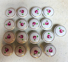 17pc Antique White Porcelain Cabinet Knobs Round Pink Floral Gold Trim picture