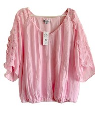Rockmans Lace Shoulder Top Size 16 Pink Viscose Blend 3/4 Sleeves BNWT picture