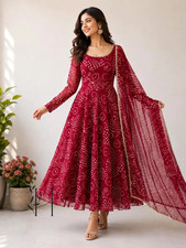 Women’s Red Georgette Anarkali Suit with Dupatta, Custom Size picture