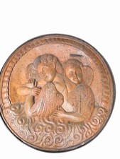 Antique Large Carved Wood Cherub Roundel Architectural Church Medallion 38” picture