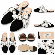 Furla Women’s Black Suede Pointed Toe Mule Flats White Bow Made in Italy picture