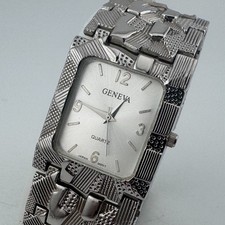 Vintage Geneva Quartz Watch Men Silver Nugget Rectangle Diamonds New Battery 8