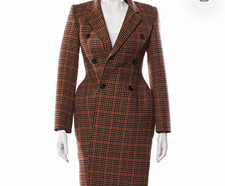 Balenciaga Women’s Hourglass Plaid Coat Brown/Black/Red Double-Breasted FR36 picture