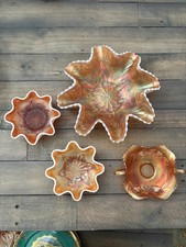 Antique Dugan Peach Opal Petal & Fan Carnival Glass + Fenton Strawberry Bon Bon picture