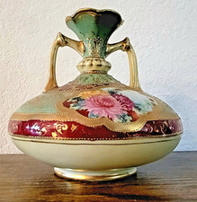 Antique Nippon  Moriage Vase Hand Paint Cabbage Rose Double Handle Porcelain 9