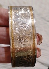 Montana Silversmiths Two Tone Western Scroll Engraved Cuff Bracelet Silver Gold picture