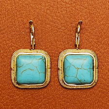 Monet Signed Gold Tone Blue Square Turquoise Dangle Leverback Earrings Vintage picture