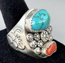 Old Pawn Era Sterling Silver Turquoise Coral Ring Size 11 Heavy 20.15g picture