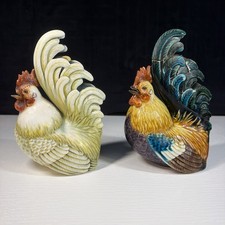 2 Théodore Deck Antique French Majolica Faience Roosters 7.5” Polychrome AS IS picture