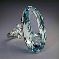 11.20 Ct Oval Cut Natural Aquamarine Diamond Wedding Ring 14K Solid White Gold picture