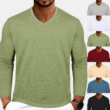Mens Long Sleeve V-Neck Pullover T Shirts Muscle Slim Fit Casual Gym Tee Tops picture