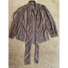 Vintage Contessa Monique Women Blouse 16 Aztec Geometric Stripe Tie Nec picture