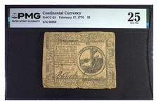 1776 Continental Currency Two Dollars $2 FR#CC-24 PMG 25 Very Fine Detail Tears picture