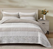 Robyn 3-Piece Gray Taupe White Floral Hibiscus Flower Patchwork Striped Quilt picture