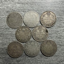 Lot Of 7 Canada 10 Cents Silver Coins 1910-1917 Worn Dates Newfoundland Victoria picture