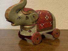 Vintage Handmade Painted Wood Elephant Trinket Box Rolling With Wheels picture