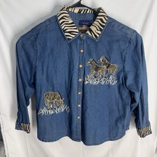 Vintage CST Blues Women's Denim Button Up Shirt Wildlife Zebra Safari 3X picture