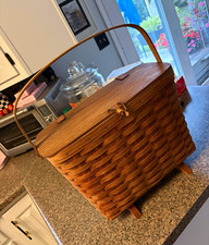 Longaberger 1988 Large Handwoven Brown Picnic Basket w/ Lid & Handle picture