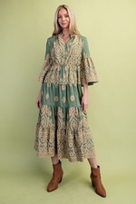 Gigio by Umgee Sage Textured Print Tiered Dress w/ Ruffled Neck and Bell Sleeve picture