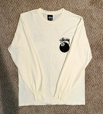 Stüssy 8 Ball Logo Graphic White Cream Cotton Crewneck Long Sleeve Tee Men's S picture