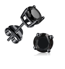 Black Sterling Silver Cubic Zirconia Stud Earrings for Men or Women 6mm picture