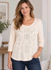 NWOT Chico’s Zenergy Size 2 Ivory Embellished Rhinestone Beaded 3/4 Sleeve... picture