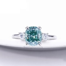 3.20 Ct Blue Lab Grown Diamond Cushion Cut Solitaire Ring 925 Sterling Silver picture