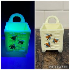 Antique 1887 EAPG Uranium Custard Glass Toothpick Holder Bees on a Basket GLOWS picture