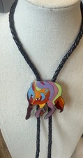John Nieto Bold Modernist Bolo Tie Gods Dog Wolf Signed With Leather  & 925 Tips picture