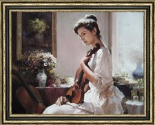 Hand Painted Oil Painting Young Lady With Violin Floral Interior Impressionist picture