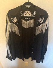 Men's Western Button-Up Shirt Black/White Woven Collared Embroidered Fringe picture