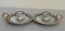 PAIR Antique Russian Porcelain Coble Blue White Gold Lace Candle Holders picture