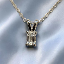 VINTAGE 14K White Gold Natural Diamond Necklace .10ct Emerald Cut Solitaire 18