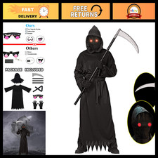 Kids Grim Reaper Halloween Costume with Glowing Red Eyes & Scythe - Spooky Fun picture