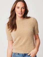 NWT J. Crew Short-Sleeve Crewneck Tinsel Sweater (Camel) Size Small picture