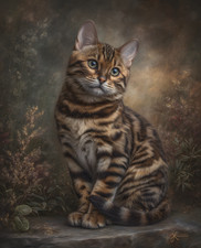 Golden-Eyed Spotted Tabby Cat on Rock Among Autumn Flowers Print - 735325088 picture