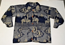 Vintage Wool Sweater Size M 80s Blue Llama Print Wood Button Made Ecuador picture