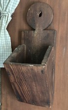19th c. Primitive Antique Pine Wall Box With Lollipop Cutout and Square Nails picture