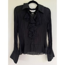 VTG Allison Taylor Black Pleated Ruffle Blouse Gothic Y2K 90s Sheer Shirt L picture