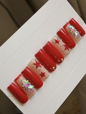 ✨ CUSTOM Press On Nails RED STAR  BLING  10p SET W Kit picture